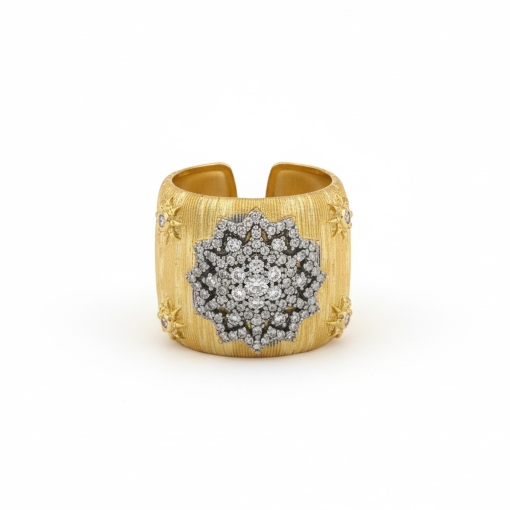 TWO TONE CZ GOLD THICK BANDS ADJUSTABLE RING
